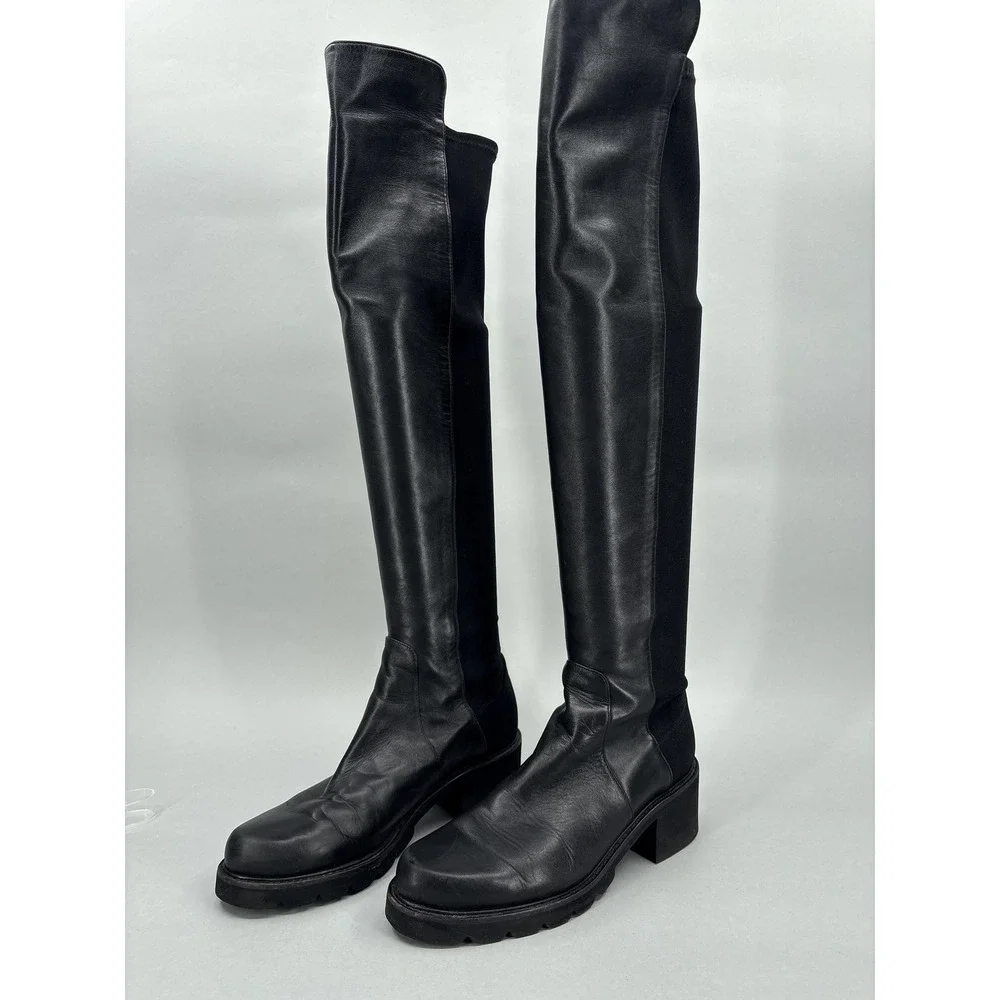 Stuart Weitzman Boots Womens Size 8.5 Black Lamb Leather Over Knee Block Heel